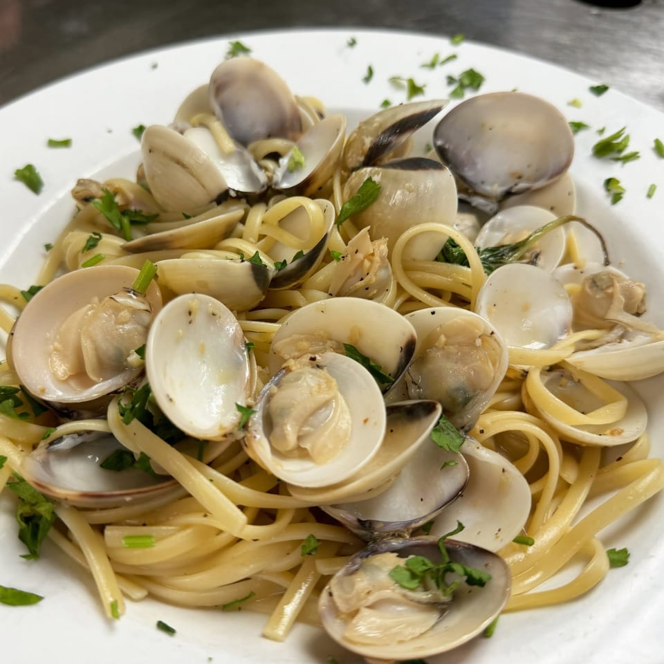 Close-up of linguine pasta with clams and fresh parsley on a white plate.