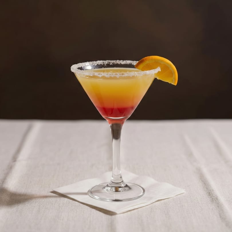 A vibrant, layered cocktail with an orange slice and sugar rim sits on a white napkin.